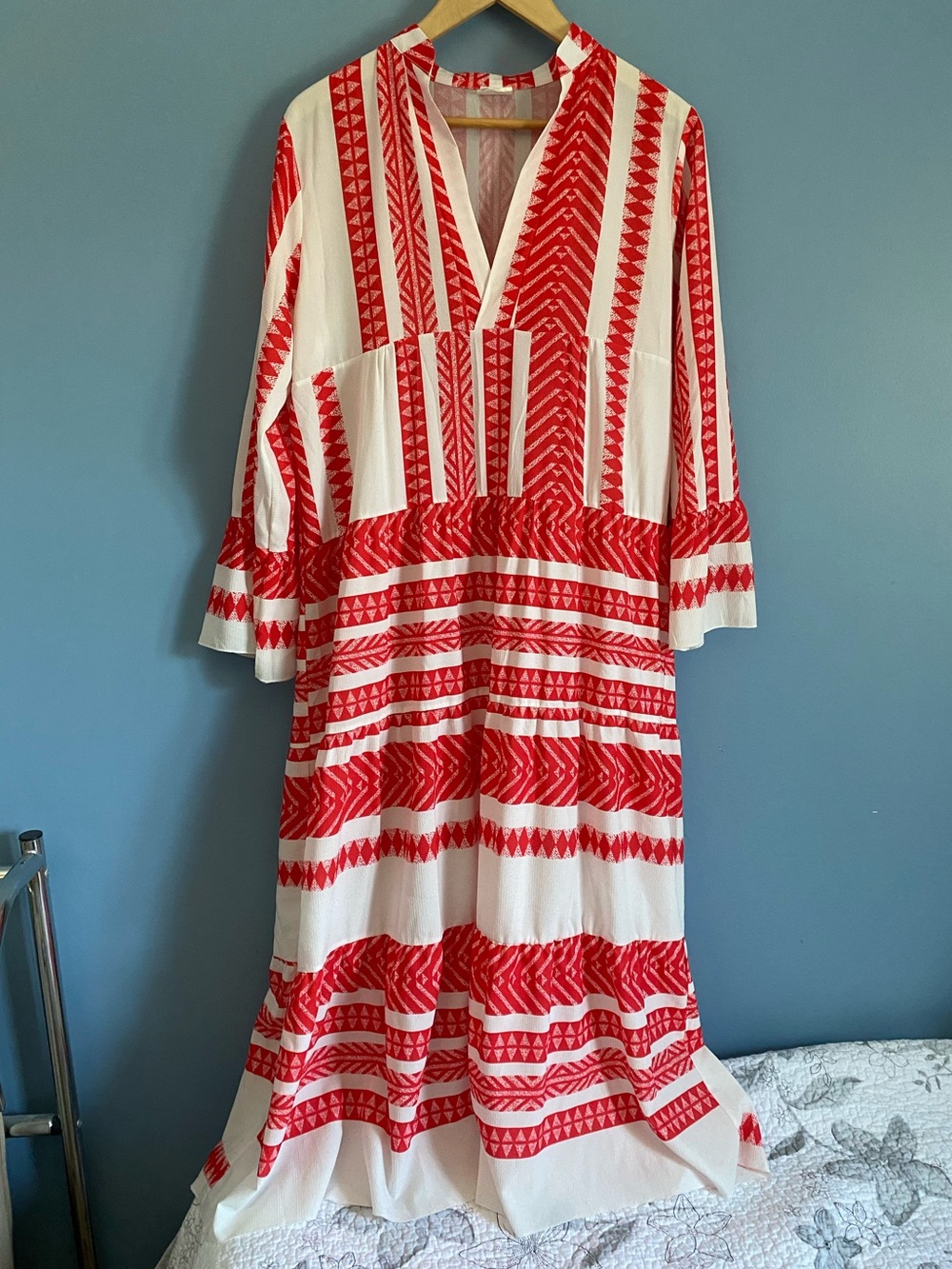 Red & White Maxi Dress with Geometric Print